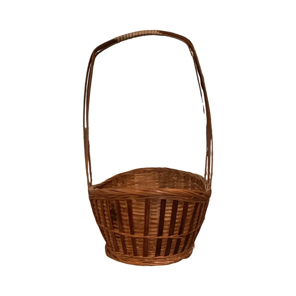 Vintage Woven Wicker Basket Brown High Handle Farmhouse Decor 11x13x7